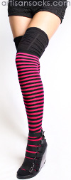 Pink and Black Striped Thigh High Socks with Ruched Top by K. Bell