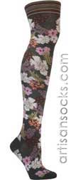 Japan Charcoal Flower Print Cotton Over The Knee Socks (OTK)
