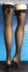 Ribbed Black Thigh High Stockings with Satin Bow