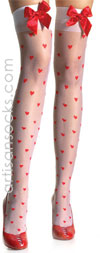 Sheer White Thigh High Stockings with Hearts, Satin Bow Top White / Red