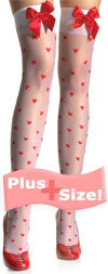 Sheer White Thigh High Stockings with Hearts, Satin Bow Top PLUS SIZE