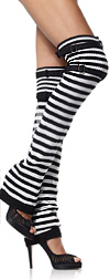 Black and White Striped Thigh High Leg Warmers with Buckle Top