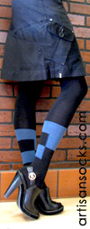Geometric Sweater Knit Tights in Black with Blue Stripe and Squares