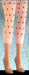 Feminine White Capri Leggings with Black Dots and a Lace Cuff