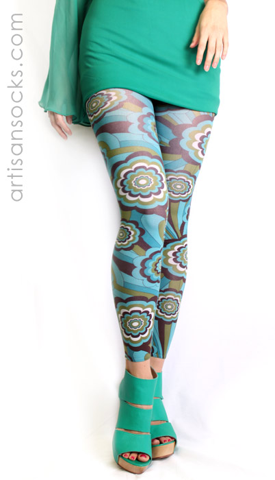 Plus Size Turquoise Retro Floral Print Footless Tights