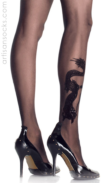 Leg Avenue Sheer Black Pantyhose with Dragon Tattoo Pattern