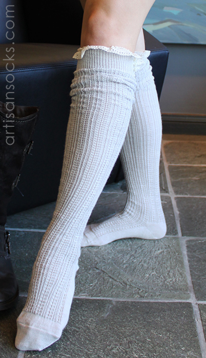 Grace and Lace Milly Lace Knit Grey Boot Socks with Lace Ruffle and Buttons