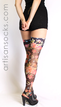 Sheer Thigh Highs in Black with Flower Print