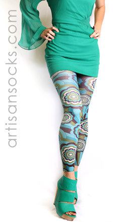 Semi Opaque Tights Leggings with Blue Floral Print