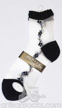 Japanese Silk Black and White Flowers Mini Crew Socks