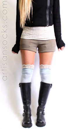 Light Blue Over the Knee Socks with Lace Trim