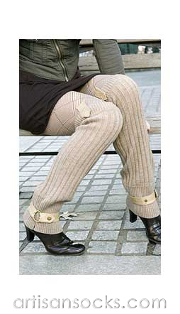 Lara Kazan Tan Wool Knit Leg Warmers with Tan leather tab