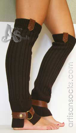Lara Kazan Brown Wool Knit Leg Warmers with Caramel leather tab