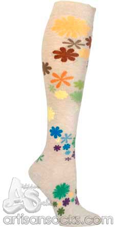 Ozone FLOWER POWER White Ecru Floral Angora Knee Socks