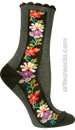 Nordic Stripe Flower Print Charcoal Gray Crew Socks