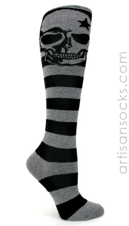 Black/Grey Striped Knee Highs with Skull