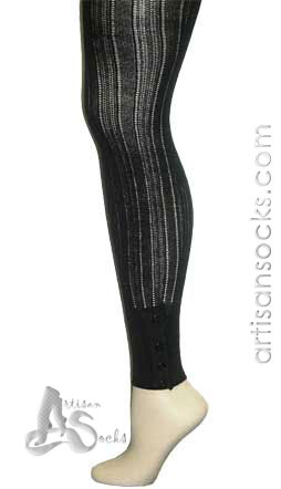 Black Cotton Button-Cuff Open Weave Ribbed-Knit Footless Tight
