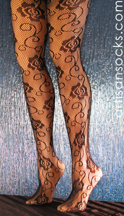 Black Fishnet Pantyhose with Delicate Rose Pattern