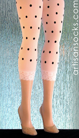 White Capri Leggings with Black Polka Dots Detailed by a Lace Cuff