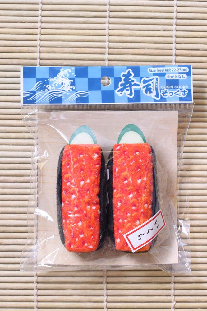 Salmon roe sushi socks can be found here or in Japan. Here's closer.